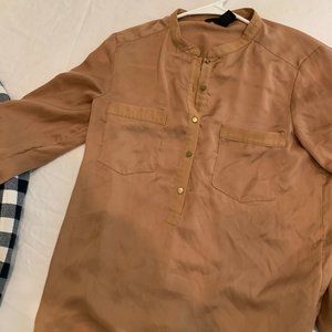 H&M Tan Long Sleeve Silky Top with Gold Buttons